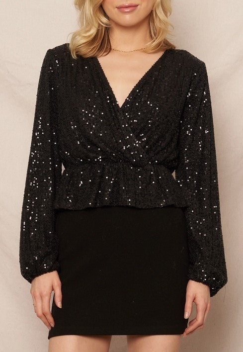 En Creme Black Sequin Surplus Peplum Blouse