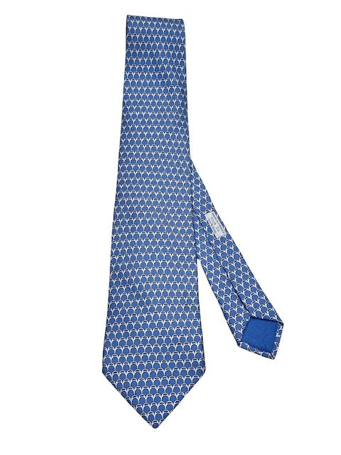 Hermes 100% Silk Tie - Blue/White Scallop