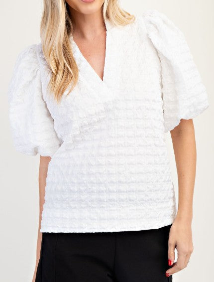 Glam White Puff Sleeve Textured V-Neck Blouse
