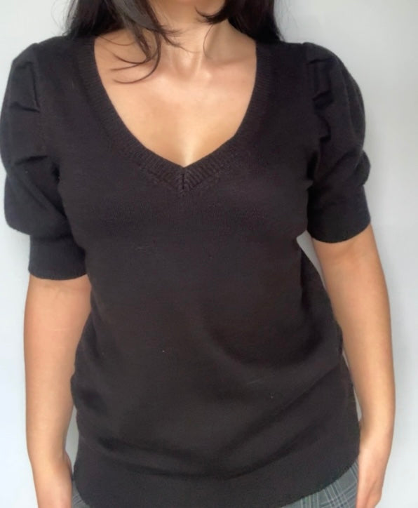 Black V-Neck Short Sleeve Knit
