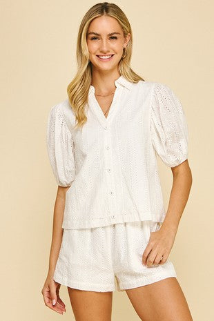 Pinch White Eyelet Embroidered Short Sleeve Blouse