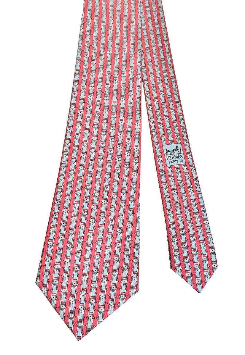 Hermes Silk Tie - Coral and Blue Buckles
