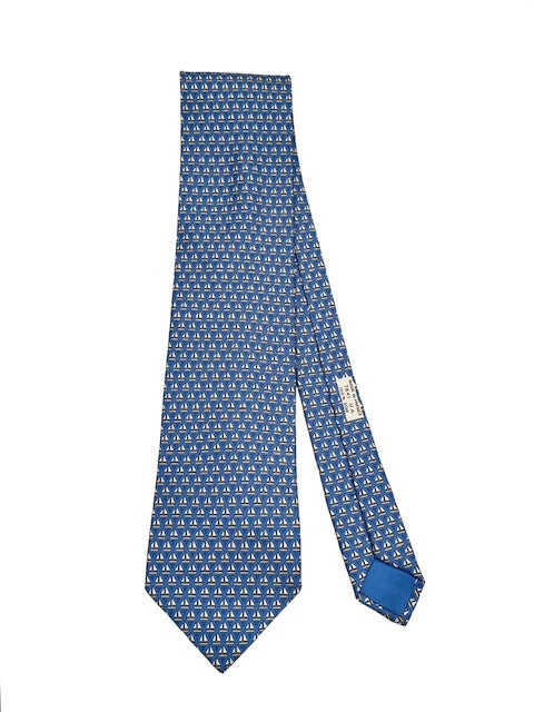 Hermes 100% Silk Tie - Blue Sailboats