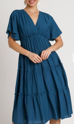 Umgee Blue Short Sleeve Tiered Midi Dress