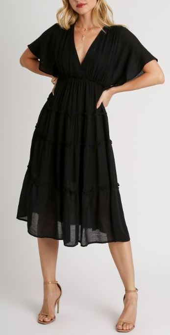 Umgee Black Short Sleeve Tiered Midi Dress
