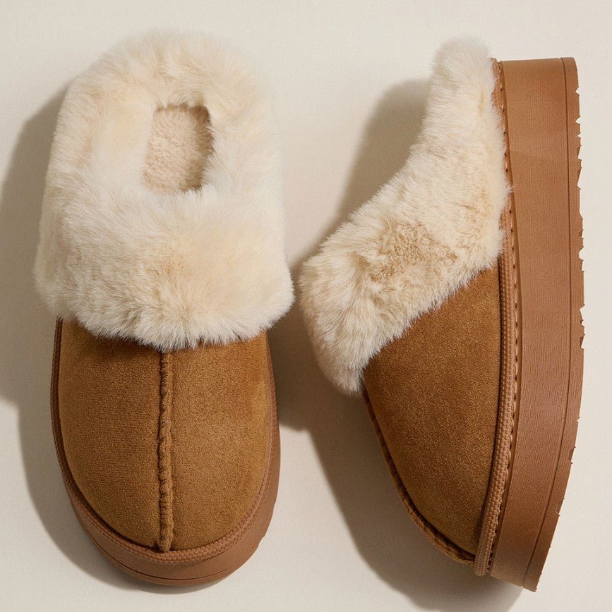 Tan Platform Slippers with Beige Trim