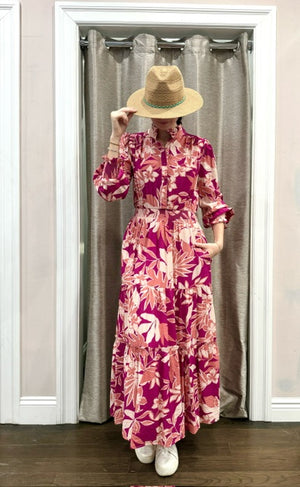 Fate Magenta/Peach Floral Long Sleeve Maxi Dress