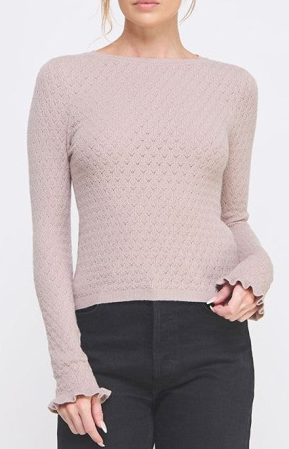 Allie Rose Pointelle Knit with Ruffle Sleeve Detail - French Beige