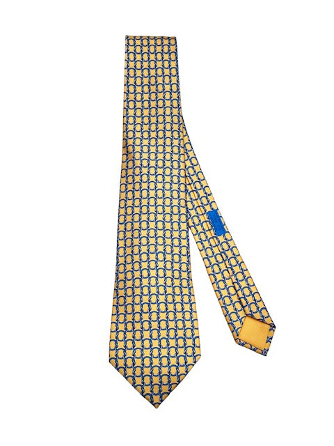 Hermes 100% Silk Tie - Yellow/Blue Knots