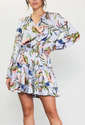 Skies Are Blue Silver/Olive Floral Long Sleeve Ruffle Short Dress