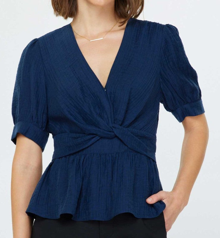 Current Air Navy Short Sleeve Twist Detail Blouse