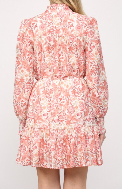 Fate Coral/White Floral Long Sleeve Dress with Belt