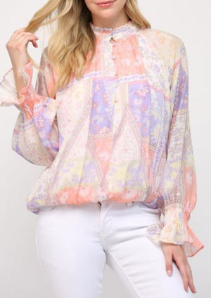 Fate Ivory/Lavender Mix Long Sleeve Blouse