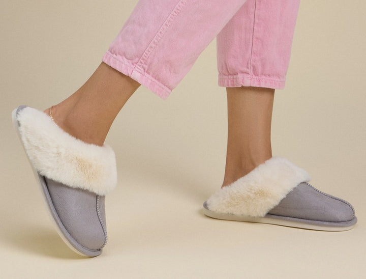 Grey Slippers with Beige Trim