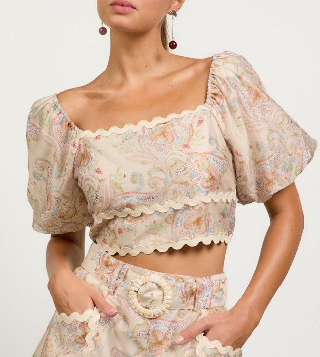 Skies Are Blue Cream Multi Puff Sleeve Cropped Top