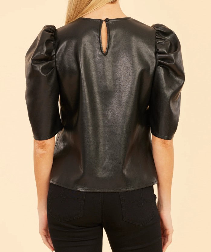 Dolce Cabo Black Faux Leather Puff Shoulder Top