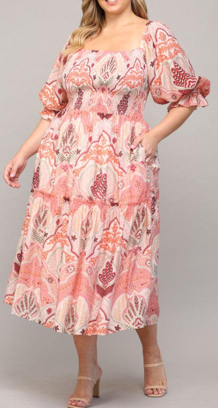 Fate Coral/Pink Floral 3/4 Sleeve Midi Dress