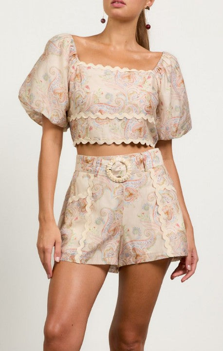 Skies Are Blue Cream Multi Puff Sleeve Cropped Top