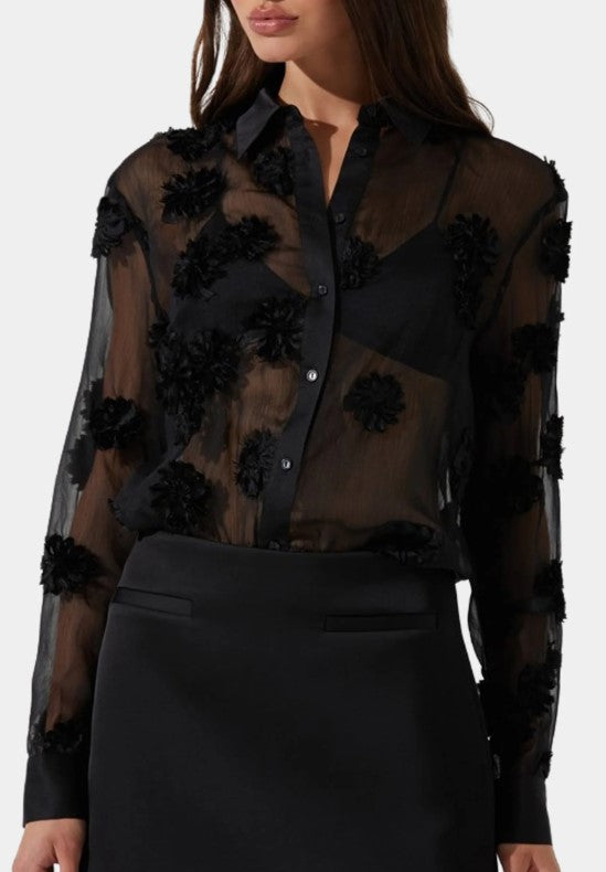 ASTR Sheer Black Long Sleeve Blouse with Flower Applique