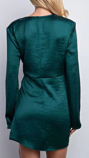 Glam Hunter Green Long Sleeve Satin Mini Dress