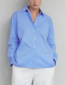 Mod Ref Blue and White Striped Poplin Button Down Blouse