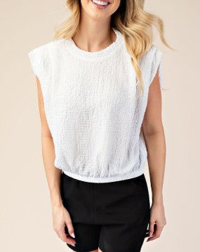 Glam White Textured Cap Sleeve Bubble Hem Blouse