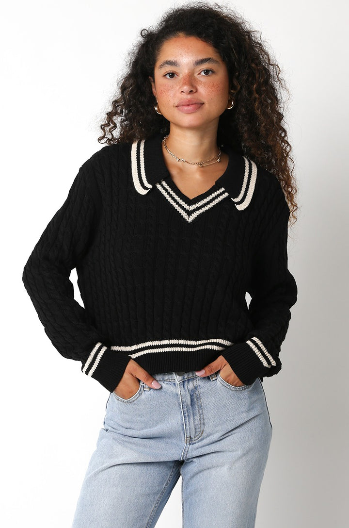 Olivaceous Cable Collared Sweater