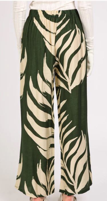 Beulah Green/Beige Tropical Print Wide Leg Pants