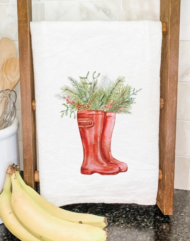 Winter Rain Boots and Foliage Cotton Tea Towel