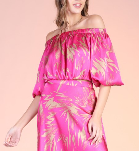 Tyche Pink/Beige Printed Off Shoulder 3/4 Sleeve Blouse