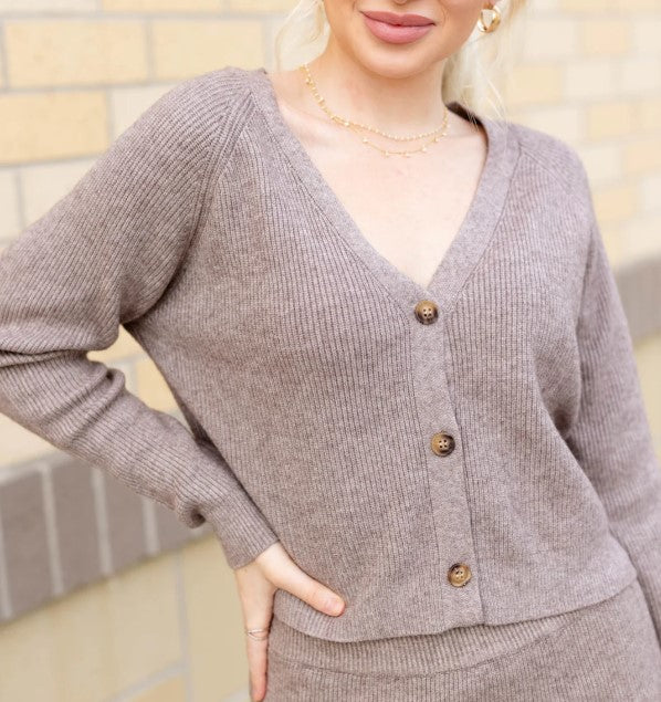 Pinch Mocha Ribbed Button Cardigan