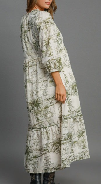 Umgee Olive/Cream Toile Print 3/4 Sleeve Midi Dress