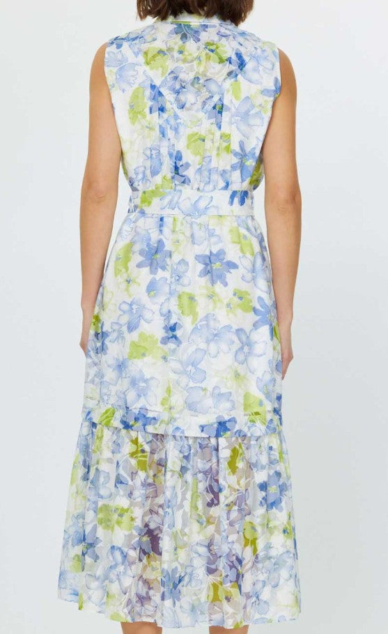 Current Air Blue/Green/White Floral Midi Dress with Collar