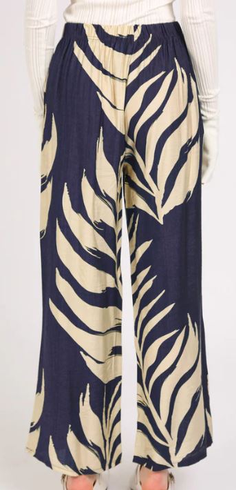 Beulah Navy/Beige Tropical Print Wide Leg Pants