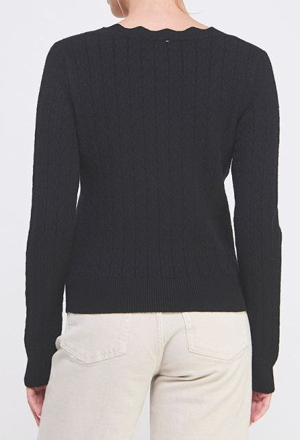 Allie Rose Pointelle Scallop Neck Sweater - Black