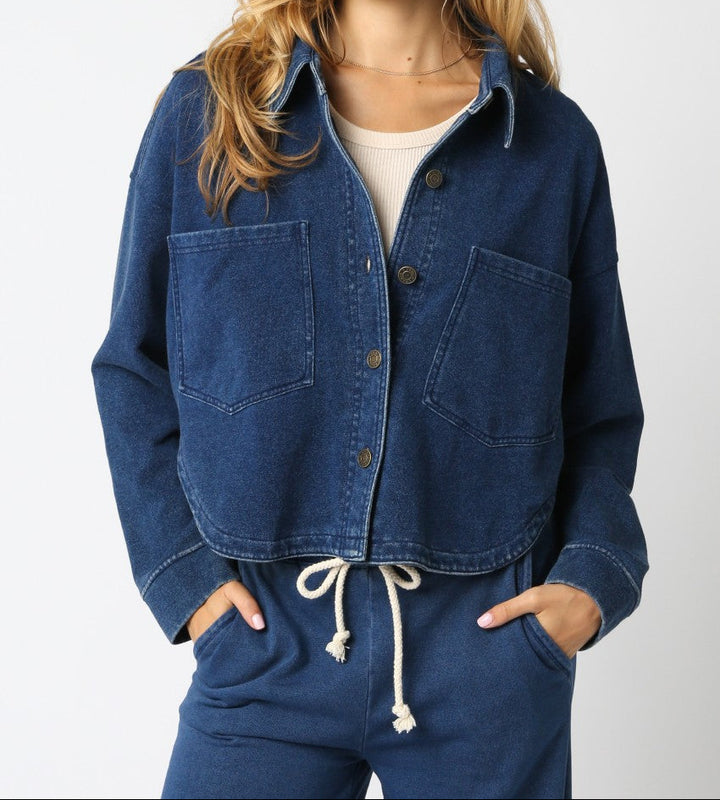 Olivaceous Denim Cropped Button Down Comfy Top