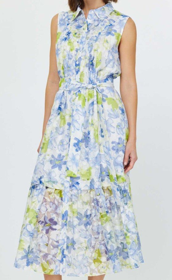 Current Air Blue/Green/White Floral Midi Dress with Collar