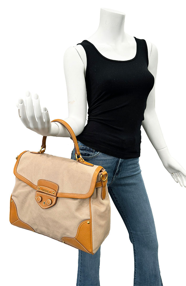 Prada Buckle Top Handle Satchel Beige