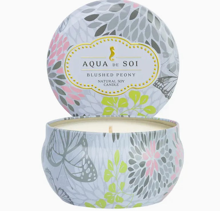 Aqua De Soi Blushed Peony 9oz Tin Candles