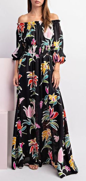 ee:some Black Multicolor Floral Off Shoulder Maxi Dress