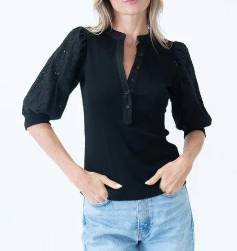 Six Fifty Black Knit and Eyelet Short Sleeve Top