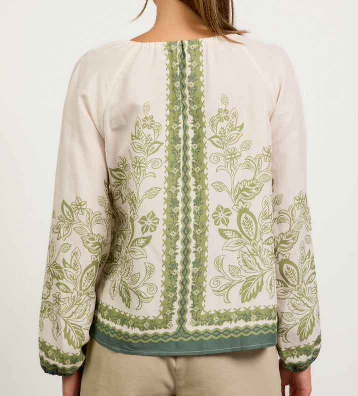 Skies Are Blue Cream/Olive Long Sleeve Blouse