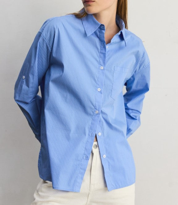 Mod Ref Blue and White Striped Poplin Button Down Blouse