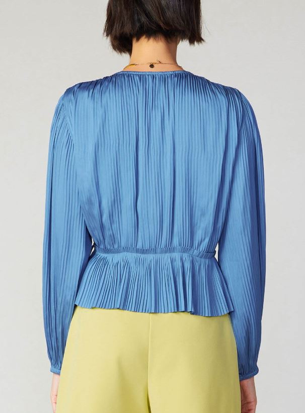 Current Air Dusty Blue Long Sleeve Pleated Wrap Blouse