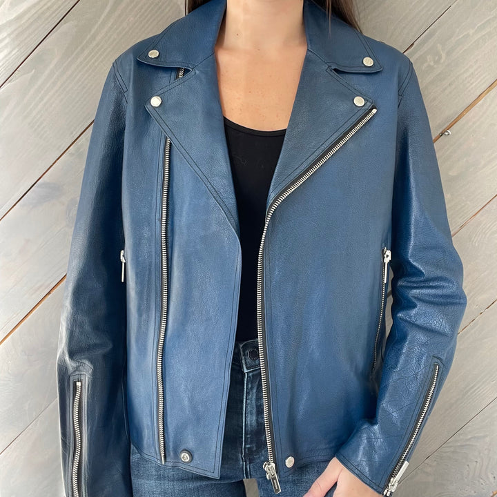 Dior Homme Size 44 Blue Buffalo Leather Moto Jacket