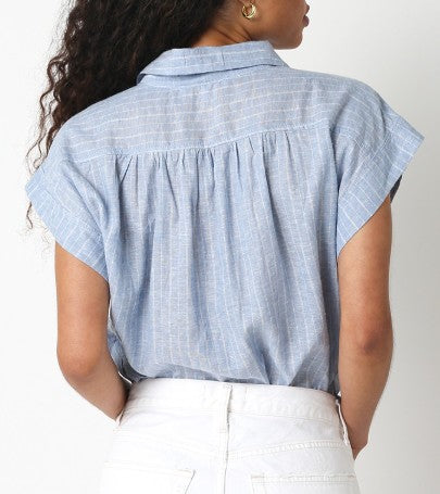 Olivaceous Blue/White Striped Linen Short Sleeve Blouse