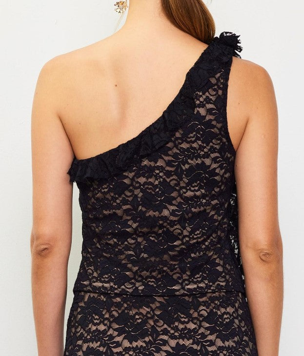 Skies Are Blue Black Lace One Shoulder Top