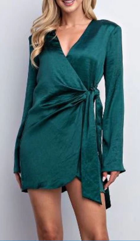 Glam Hunter Green Long Sleeve Satin Mini Dress