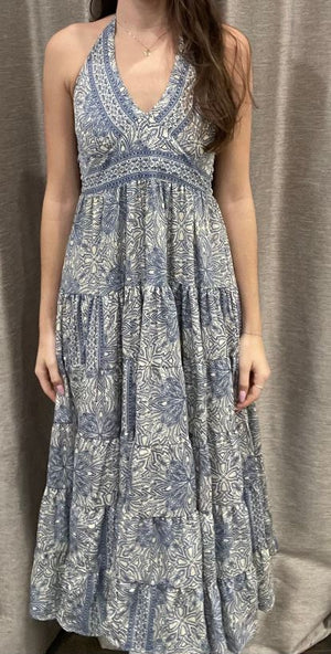 Paani Blue/White Printed Halter Maxi Dress