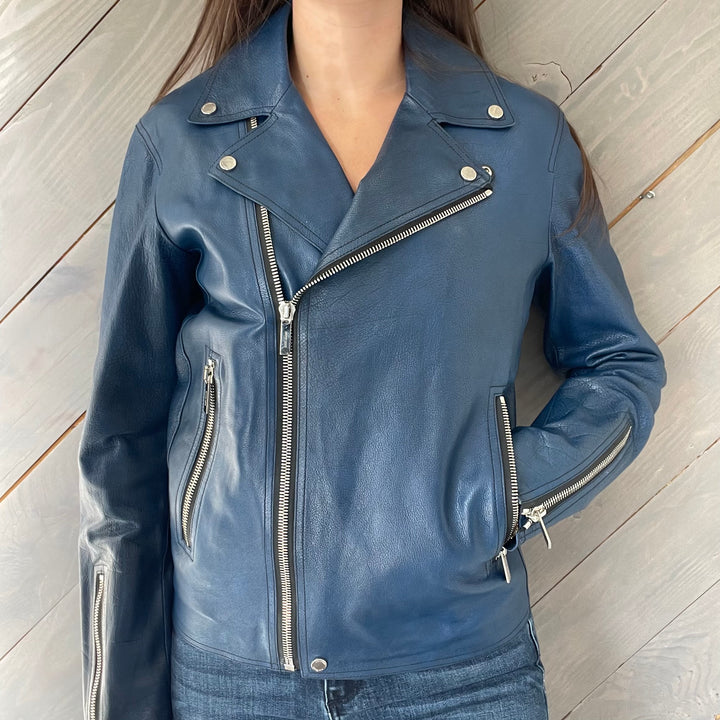 Dior Homme Size 44 Blue Buffalo Leather Moto Jacket